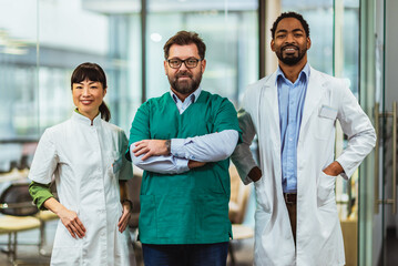 Portrait of group of multiracial doctors standing and looking at the camera.
