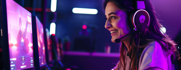 young woman at an esports club plays a computer game with a headset and microphone on the table - obrazy, fototapety, plakaty
