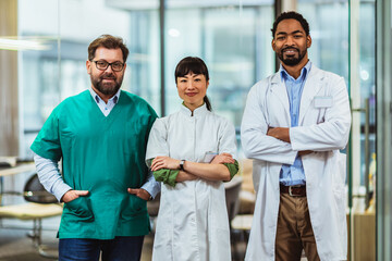 Portrait of group of multiracial doctors standing and looking at the camera.