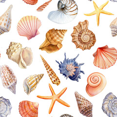 Seamless pattern with seashells, coral and starfish. Marine background. Watercolor illustration for wrapping , textile - 782229984