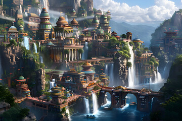A fantasy city with a bridge and waterfalls. The city is full of buildings and has a lot of water. Generative AI