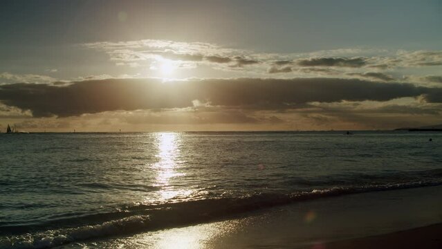 Sunset scenery on the sea of Waikiki Beach in Honolulu, Hawaii