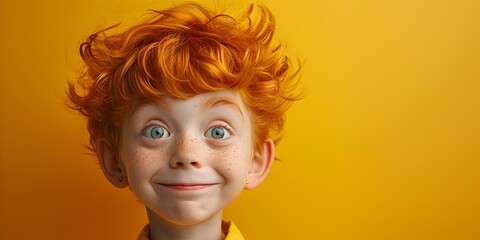 Mischievous Ginger Boy Winking with Playful Charm and Secret Gesture on Bright Yellow Background - obrazy, fototapety, plakaty