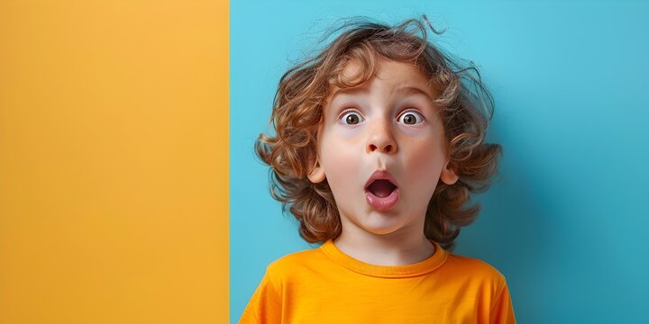 Surprised Curly Haired Child Character With Shocked Blink Expression On Colorful Studio Background