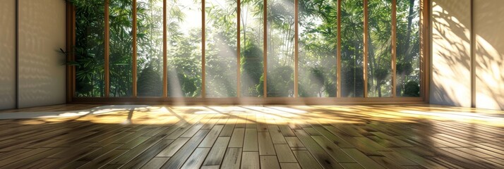 Sunlit empty room with forest view outside - Tranquil empty space with bright natural light casting shadows, overlooking a lush green forest outside