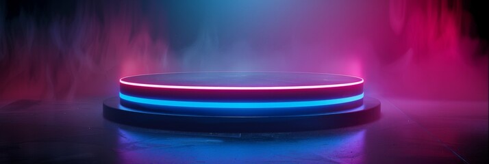 Fototapeta na wymiar Vivid neon pink and blue lit round podium in haze - This image captures a round podium bathed in contrasting neon pink and blue lights, enveloped by a dramatic haze