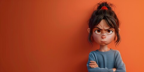 Disgruntled Toddler Girl with Crossed Arms and grimace Expression Against Orange studio backdrop - obrazy, fototapety, plakaty