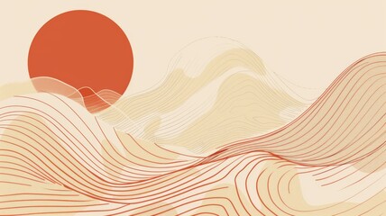 Minimalist desert landscape with sun - This warm-toned image evokes a minimalist desert landscape under a bold red sun, radiating calm and tranquility
