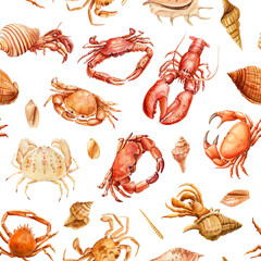 Trendy Hand drawn seashell, crab. Marine illustration Seamless Pattern watercolor Design for fabric wallpaper cover - 782230576
