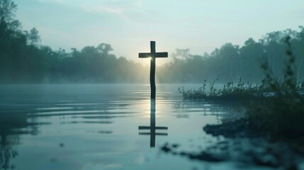 Solitary wooden cross partially submerged in tranquil water with ripples, surrounded by greenery, conveying a sense of peace, faith, and reflection.