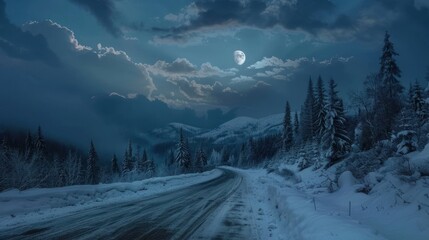 road through mountain landscape in winter at night. spruce forest covered in snow.