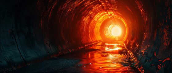 Obraz premium A tunnel with a bright orange light shining through it by AI generated image