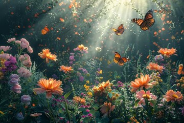 Obraz na płótnie Canvas A field of flowers with butterflies flying around