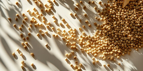 Close up of assorted beans on white surface illuminated by sunlight