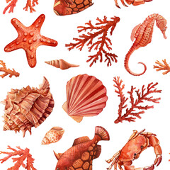 Hand drawn seashell, crab, coral and fish. Marine illustration Seamless Pattern watercolor Design, wallpaper underwater - 782230911