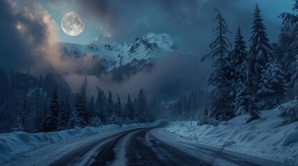 road through mountain landscape in winter at night. spruce forest covered in snow. - obrazy, fototapety, plakaty