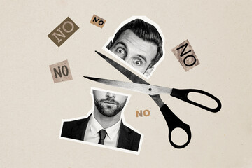 Composite photo collage of shocked attractive man cut scissors head half wear formalwear no decline deny isolated on painted background - obrazy, fototapety, plakaty