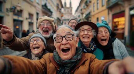 Group of joyful seniors taking a selfie together in a European city street - obrazy, fototapety, plakaty
