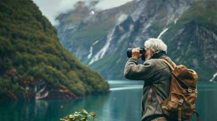 Fototapeta na wymiar Senior hiker observing mountainous landscape through binoculars by the lake