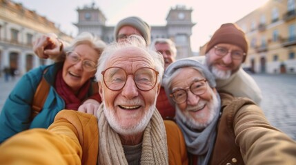 Elderly group capturing a self-portrait in European square with joy and excitement - 782230968