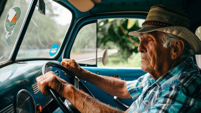 Fototapeta Senior man driving vintage car with thoughtful expression and road focus