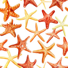 Seamless pattern with starfish. Watercolor illustration for wrapping, textile. Colorful starfish Marine background.  - 782231148