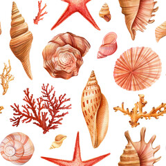 Summer Seamless pattern with seashells, coral and starfish. Marine background. Watercolor illustration for design