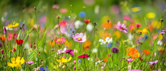 Vibrant wildflowers bloom in a colorful field, showcasing a beautiful array of nature's wonders.