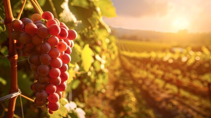 Ripe grapes on vine in sunset light, depicting vineyard harvest time. Serene agricultural scenery, perfect for wall art or culinary themes. AI