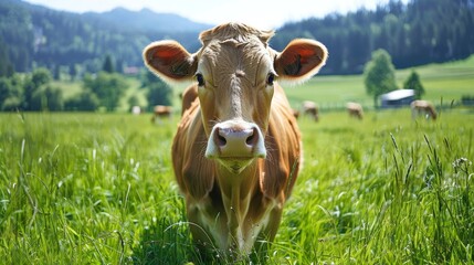 Panoramic view of a cow in green pastures, underlining the beauty and ethics of free-range farming - obrazy, fototapety, plakaty
