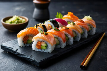 A spread of sushi and sashimi artfully presented on a slate with natural elements and garnishes, generated by Ai.