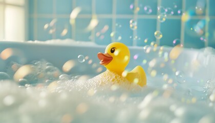 Kids spa concept with yellow rubber duck in bubble bath