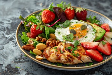 Keto breakfast plate with fried egg avocado strawberry grilled chicken nuts salad Healthy food concept top view