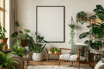 mockup Scandinavian inspired living room with a blank white poster in a black frame, surrounded by indoor plants and wooden combining nature with minimalist design