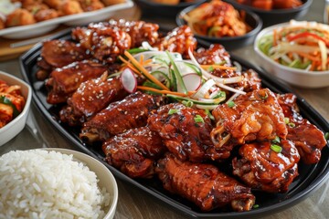 Korean chicken wings in galbi sauce with pickled radish kimchi and rice sides - obrazy, fototapety, plakaty
