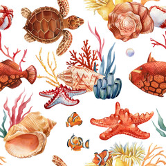 Trendy Hand drawn seashell, starfish, fish. Marine Seamless Pattern watercolor Design fabric, wallpaper. Tropical ocean