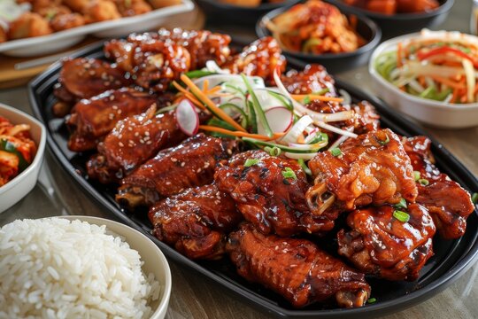 Korean chicken wings in galbi sauce with pickled radish kimchi and rice sides