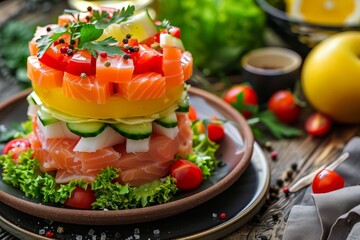 Layered round salad with vegetables and salmon fish Mimosa on a wooden background