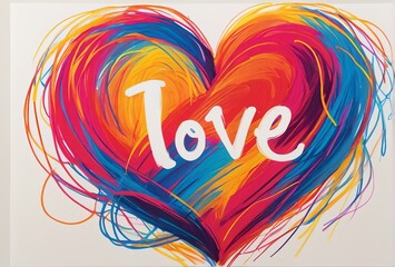 Text love in heart shape in chaotic wax crayon drawing style