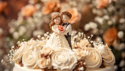 Lovely wedding cake adorned with male and female figurines - obrazy, fototapety, plakaty