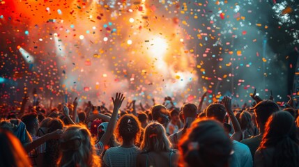 Excited festival-goers enjoying confetti explosion at concert - Powered by Adobe