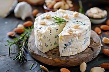 Making delicious snack with blue cheese goat cheese and almonds - obrazy, fototapety, plakaty