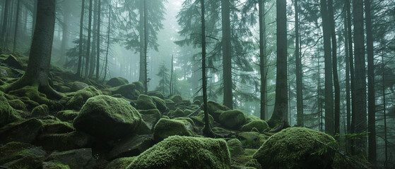 Enchanting mist-filled forest with towering trees and rocks covered in vibrant green moss. Beauty...