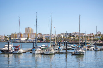 Fototapeta na wymiar Docks with several anchored boats