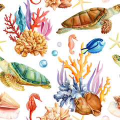 Trendy Hand drawn seashell turtle fish. Marine Seamless Pattern watercolor Design for fabric wallpaper. Tropical ocean - 782232714