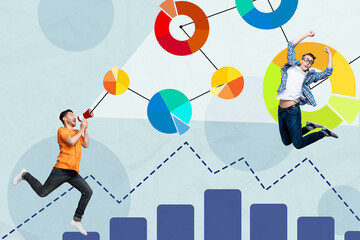 Sketch image composite collage of two colleagues office managers men work together develope project show result graphics stats diagram