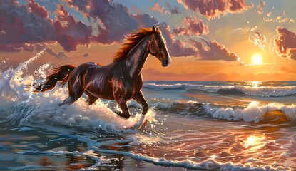 Majestic horse galloping on the beach at sunset. Beautiful natural landscape with wildlife. Perfect for posters and environmental themes. Digital artwork created by AI. - obrazy, fototapety, plakaty