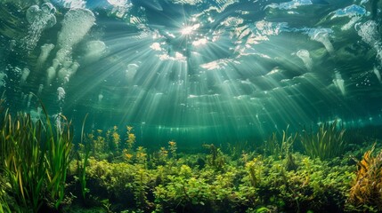 Fototapeta na wymiar Underwater scene with sunbeams piercing through fresh water