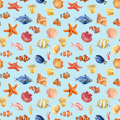 Seamless pattern with fish, seashells and starfish. Marine background. Watercolor illustration for wrapping, sea textile - 782232963