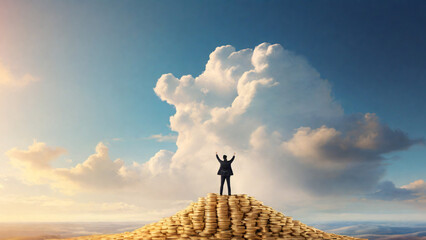 Business man standing on top of pile of gold coins, wealth freedom concept. - obrazy, fototapety, plakaty